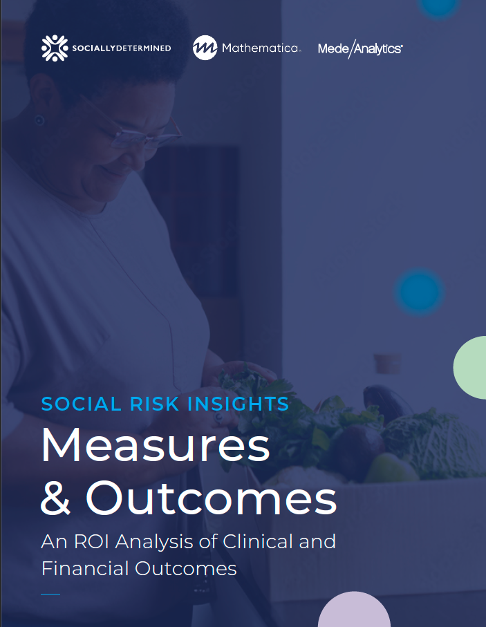 The cover of the measures and outcomes white paper from Socially Determined showing a woman receiving a basket of nutritious food